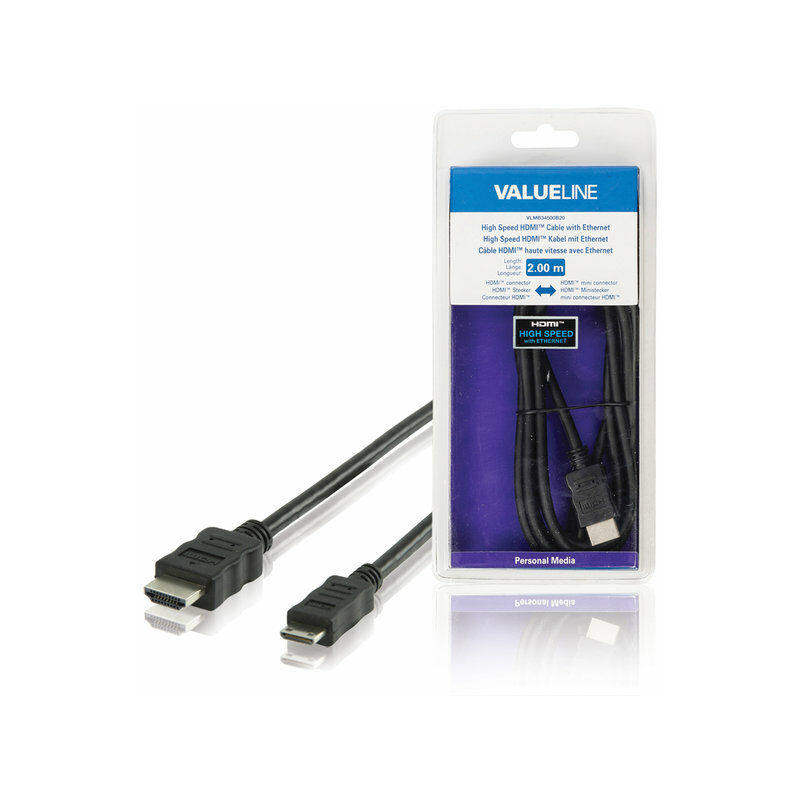 

Cable HDMI de alta velocidad, longitud 2 metros, conector macho - macho mini, color negro - Valueline