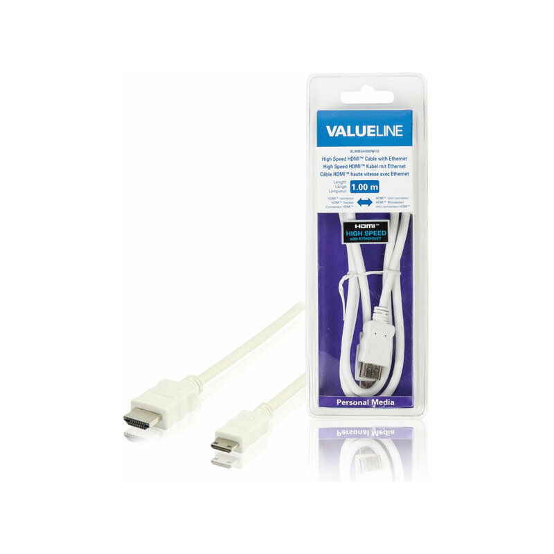 

Cable HDMI de alta velocidad macho - macho mini, 1 metro de largo, color blanco, para señal digital - Valueline