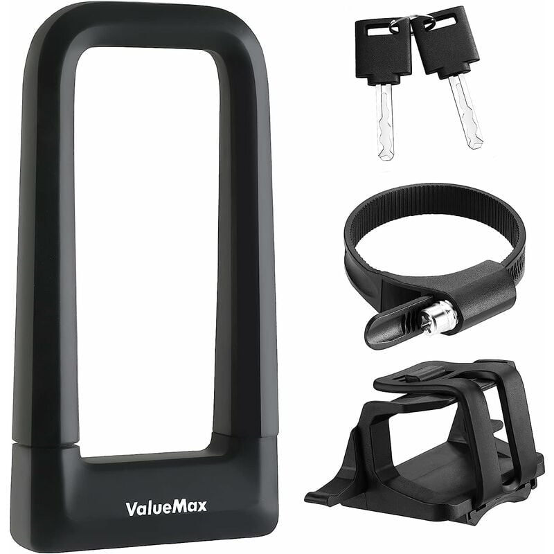 ValueMax Antilvol en U pour Vélo avec Revêtement en Silicone, Antivol de Vélo Noir avec Support de Montage Robuste, Serrure de Vélo avec Sangle pour