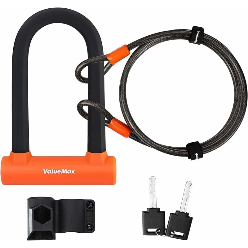 Valuemax - Antivol en u pour Vélo, Antivol de Vélo Noir avec 1,8 m Câble, Serrure de Vélo avec Support de Montage Robuste, Idéal pour Bicyclette,