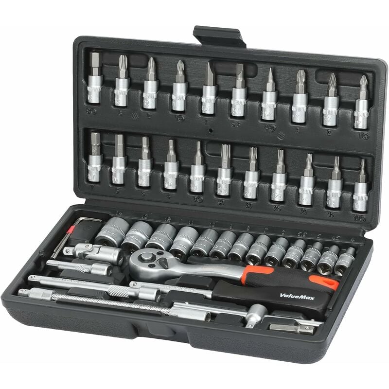 Coffret de Douilles en Cr-v avec Clé à Cliquet 1/4' (72 Dents) de Dégagement Rapide 46 Pièces - Valuemax