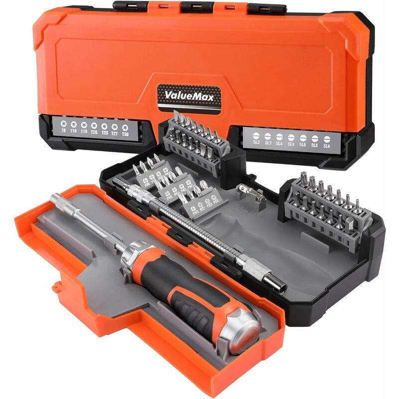 Coffret Tournevis à Cliquet Magnétique 43 Pièces, Tournevis Porte-Embouts à Cliquet Bi-Matière avec 40 Embouts en Cr-V Remplaçables et Adaptateur