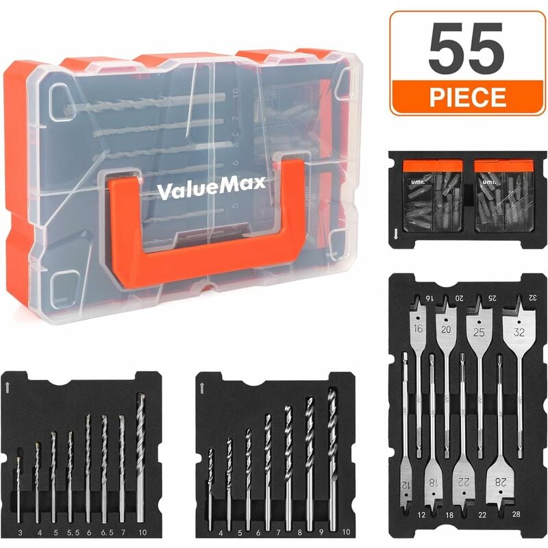 Coffrets de Forets 55 Pièces, Comprend Forets à Béton, Forets Métal, Mèche à Bois Plate et Embouts de Tournevis et Boîte de Rangement - Valuemax