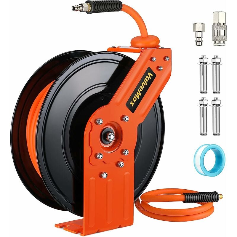 ValueMax Enrouleur de Tuyau d'Air Comprimé de 20Bar/300PSI, Tuyau 15M, Raccord en Laiton 1/4" BSPT, Dévidoir de Tuyau d'Air avec Rétractation