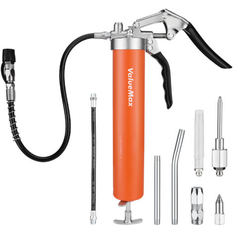 ValueMax Pistolet à Graisse 6000PSI, Pompe à Graisse Manuelle avec Tuyau Flexible 24/45cm, Pistolet Graisseur pour Cartouche de Graisse avec Capacité de 400ml, 2 Tubes Métalliques 11/14,5cm et 5 Buses