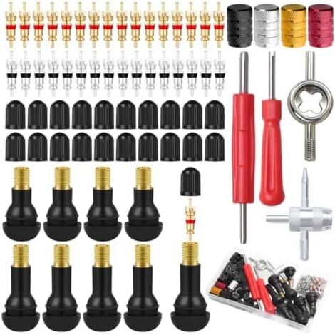Valve Pneu Voiture TR412 TR413, 96 PCS Demonte Obus Kit, avec Extracteurs de Noyau Core, Capuchons Valve, Outil Kit Reparation pour Valves Tubeless Pneus Voitures, Vélos, Motos -