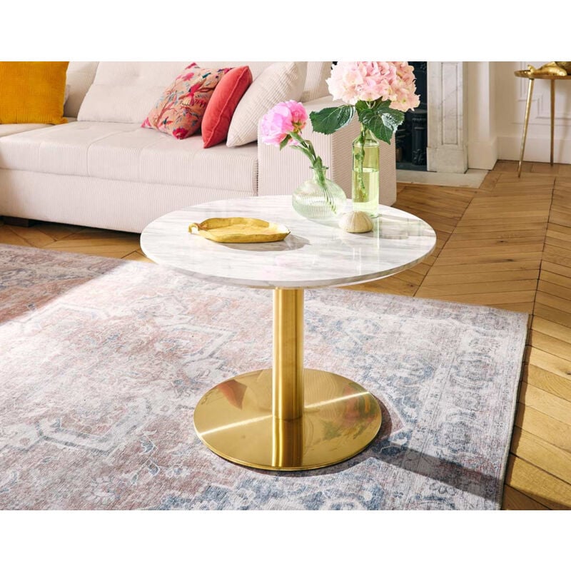 Lisa Design - Valverde - table basse ronde - effet marbre - doré - 70 cm - blanc / doré