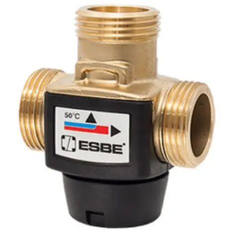 Valvola deviatrice termostatica a tre vie 1" – Temperatura nominale 45°C – Filetti maschi DN 20 – Per impianti a pannelli solari e stufe a pellet – Esbe