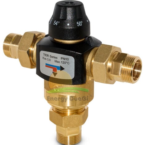 ENERGY DUEGI Valvola deviatrice termostatica regolabile da 38 a 54oC KVS 3.5 - da 3/4" M a bocchettoni. Layout asimmetrico ad "L"