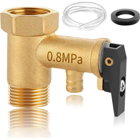 Valvola di sicurezza da 1/2", valvola di sicurezza in ottone da 0,8 MPa, 1/2" IG x 1/2" AG per scaldabagno, valvola di sicurezza antiritorno con tubo flessibile in silicone e guarnizione