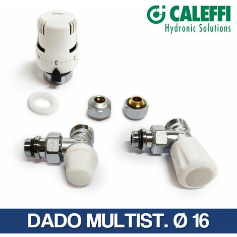 VALVOLA E DETENTORE CON TERMOSTATO RAME 12 14 MULT 16 A SQUADRA CALEFFI 24686V DADO X MULTIST. DA 16 (24685 + 2X24687)