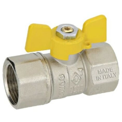 VALVOLA PER GAS A SFERA DRITTA - RACCORDO F1xF1 - CON FARFALLA ON-OFF GIALLA