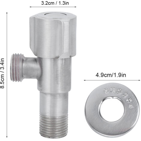Válvula angular de acero inoxidable, G1/2 pulgada, cromada, con desagüe, para cocina y baño.