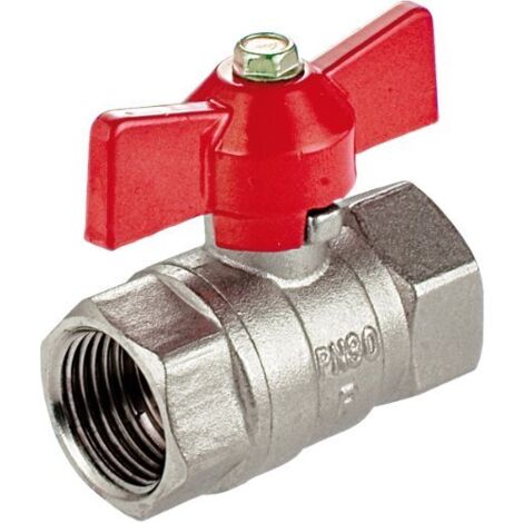 Válvula de agua 1” H/H, manija mariposa roja, latón niquelado