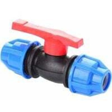 Válvula de bola de polietileno MDPE, manguito de compresión de 20 mm, presión nominal de 16 bar y 20 °C. Apta solo para sistemas de agua fría. Apta para piscinas, estanques y acuarios.