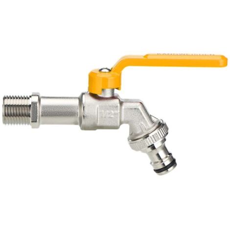 Válvula de bola - Mango plano - Conexión macho de 1/2" - Conexión de 3/4", color amarillo, para lavadora de exterior, resistente a las heladas.