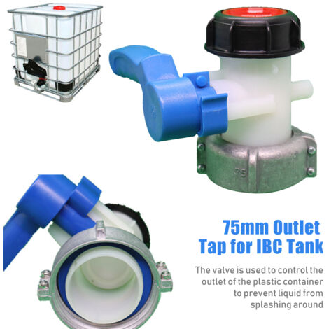 Válvula de drenaje IBC de 75 mm, válvula de tanque con válvula de cierre, válvula de conexión, válvula de tanque de agua de aluminio HDPE azul, para control de fluidos industriales.