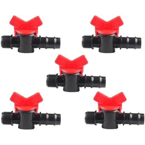 Válvula de interruptor de riego por goteo 16 mm x 1/2”, llave de paso pack de 5 unidades.  La válvula de la manguera de riego está hecha de plástico de alta calidad, que es duradero, resistente a las