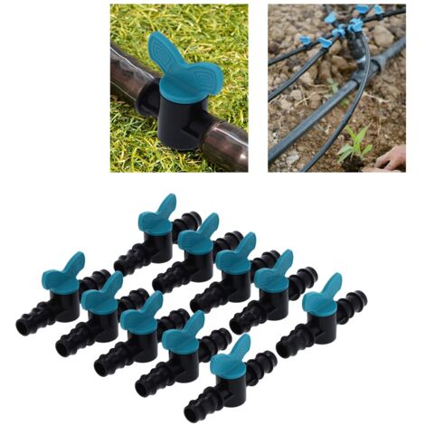 Válvula de riego de cremallera y piñón  Boquillas para manguera  50 válvulas de plástico  Diámetro de la manguera: 16 mm  10 x 5,5 x 2,5 cm  Mango azul