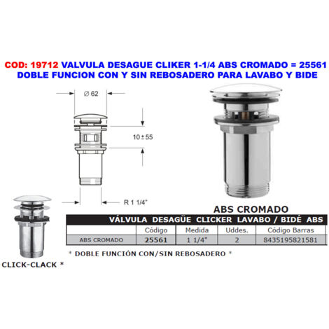 valvula desague cliker 1-1-4 en abs cromado lavabo-bide 25561