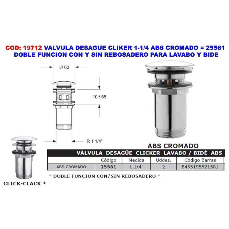 

MIBRICOTIENDA valvula desague cliker 1-1-4 en abs cromado lavabo-bide 25561