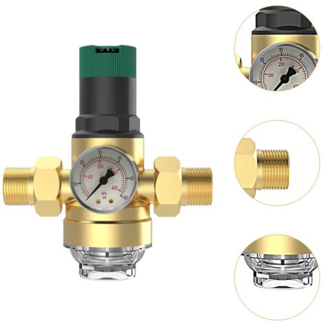 Válvula reguladora de presión de agua con equipo de medición, regulador de agua ajustable de latón, filtro de pantalla de entrada para baño de RV