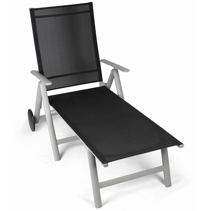 Sonnenliege in schwarz - Gartenliege mit 2 Rädern - Liegestuhl ist klappbar - Gartenmöbel - Strandliege aus Aluminium - Relaxliege für den Garten,