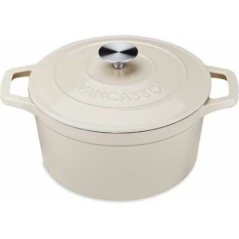 vancasso Casserole Émaillée Blanc Laiteux, Cocotte en Fonte avec Couvercle, Marmite Antiadhésive Ronde, Passe au Four, à Diverses Sources de Chaleur (Induction), Utilisée Comme Ragoût, Soupe, 24 CM