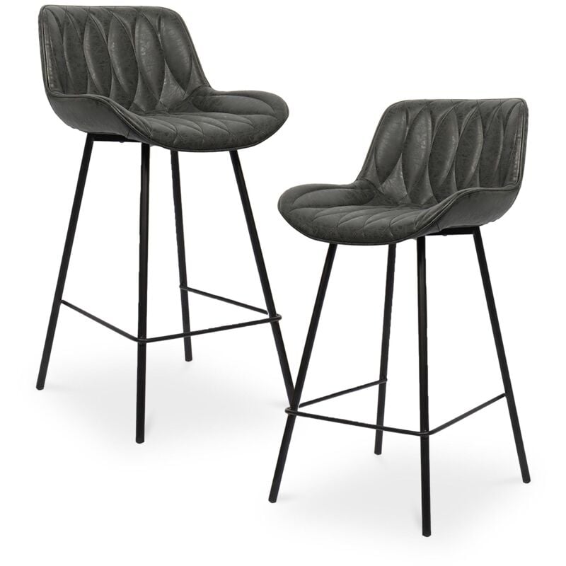 Mobilier Deco - vania - Lot de 2 tabourets effet simili cuir noir piètement métal noir