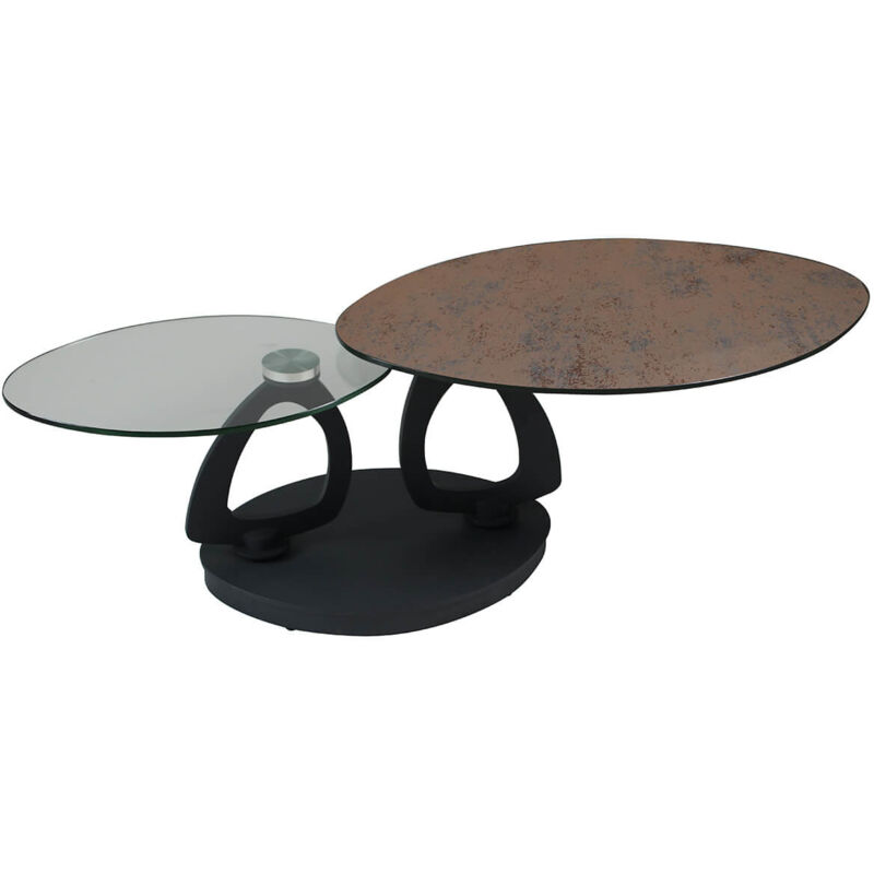 VANIM - Table Basse Ovale Plateaux Verre et Céramique Marron