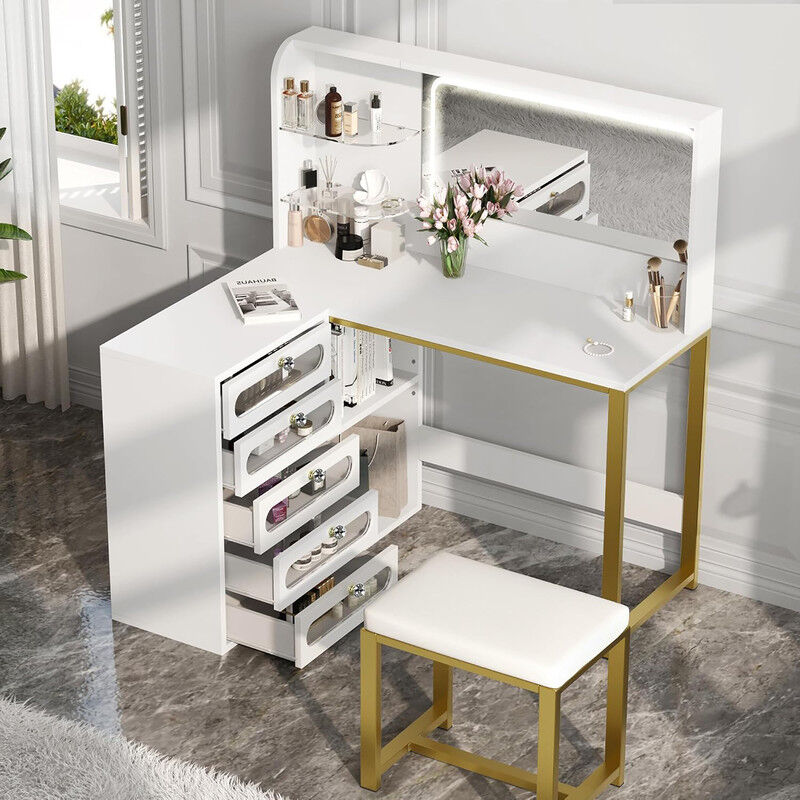 Vanité en forme de l avec banquette rembourrée dans la chambre grande vanité avec étagères 5 tiroirs et rangements vanité d'angle avec miroir éclairé