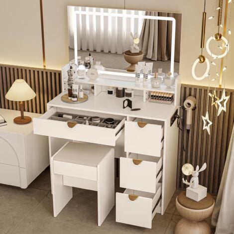 EIFSON Vanity 90x40x140 cm con specchio LED 3 colori, 4 cassetti, sgabello, porta USB e maniglie dorate, design elegante - Bianco