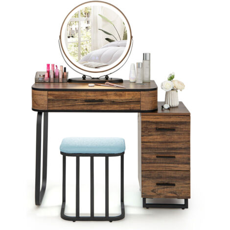 Vanity Table&Stool Set Makeup Dressing Mirror Table w/Charging Station-Coffee