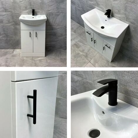 Vanity Unit Bathroom Sink Basin Storage - Black Handles - White - Various Sizes