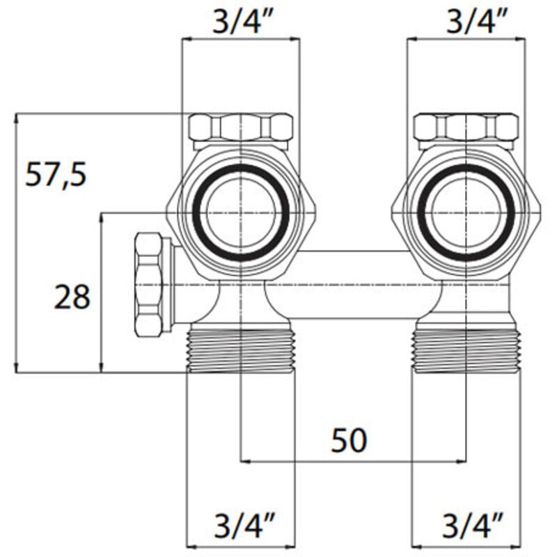 Vanne double corps équerre monotube pour radiateur 6 connexions mural - écrou 3/4' (20/27) - Mâle 3/4 ek - Somatherm