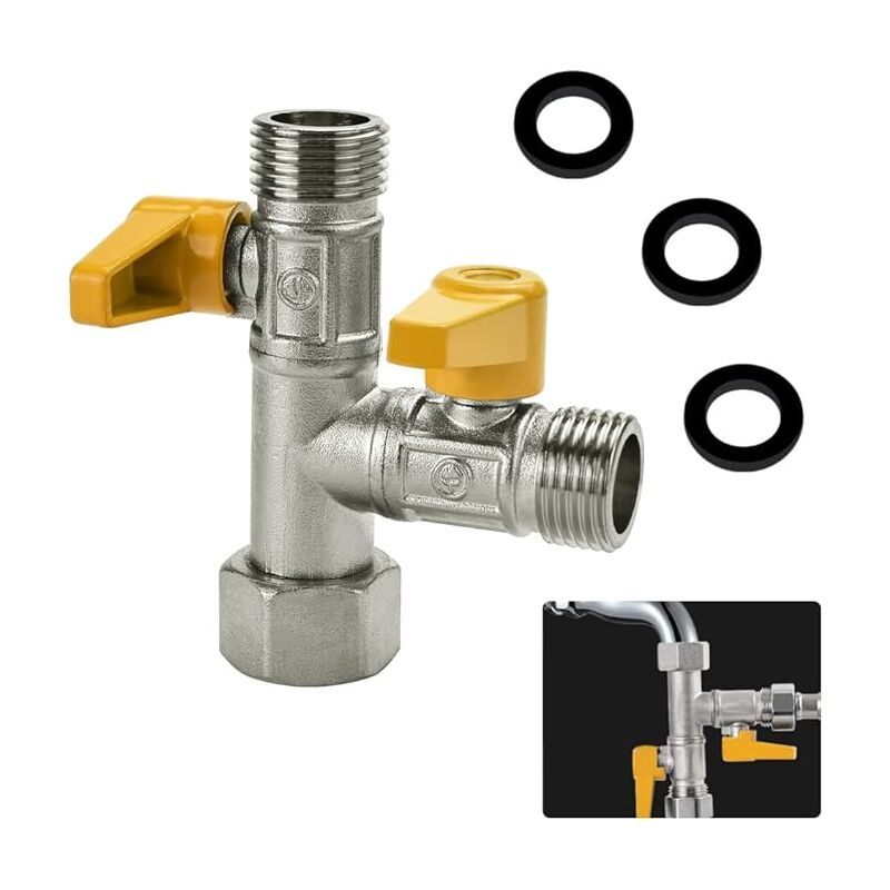 Vanne 3 Voie Raccord T Robinet wc 3 Voies Douchette G 1/2 Vanne de Dérivation de Douche à 3 Voies Valve de Douche en Laiton avec 3 Rondelles en