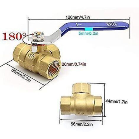 Vanne à 3 voies, vanne à boisseau sphérique en laiton 1/2 pouce, type t, pour eau, huile et vapeur avec poignée Han en acier inoxydable