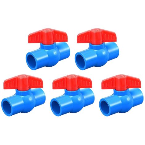 Vanne à bille, sortie PVC 25 mm de diamètre intérieur pour couper l'eau dans un aquarium, une pompe de puisard, une piscine ou un arroseur de jardin. Bleu et rouge, lot de 5.-AquaForge