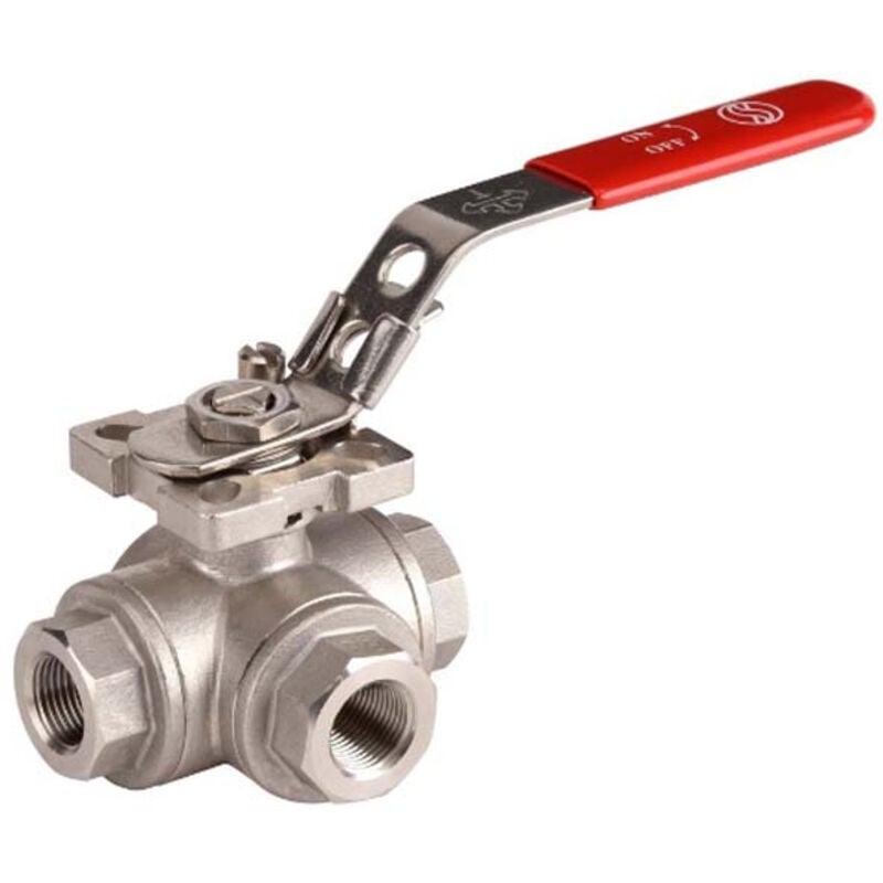 Vanne à sphère inox 3 voies - Lumière en l - ff 3/8' (12/17) - PN40 - poignée plate rouge Sferaco