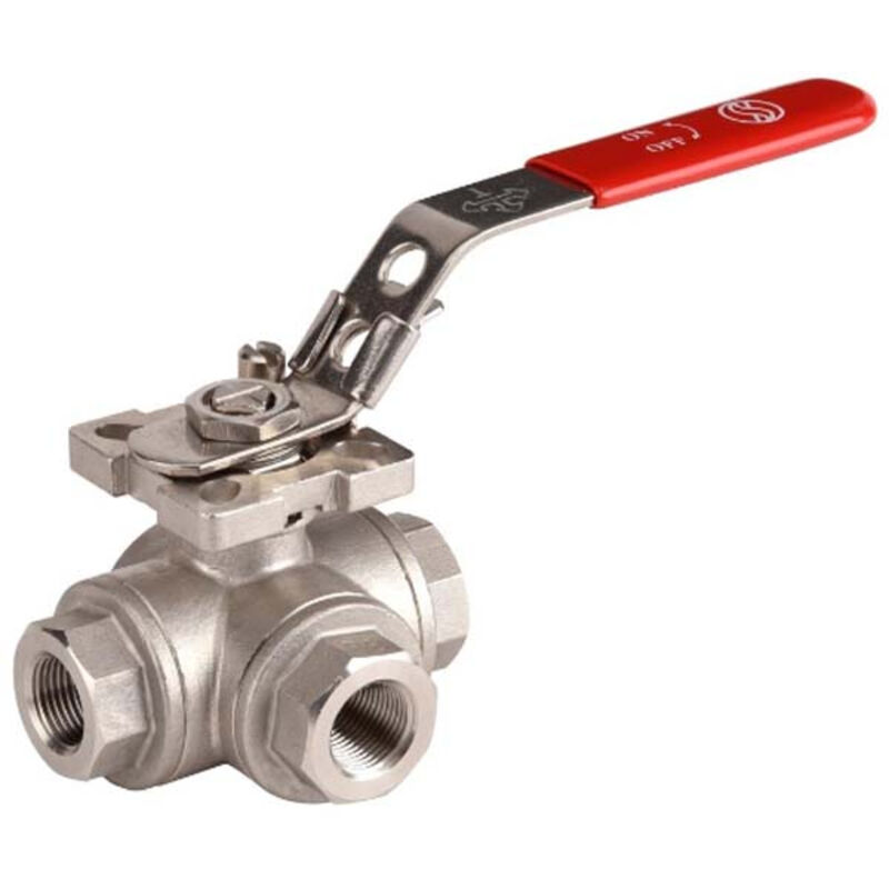 Vanne à sphère inox 3 voies - Lumière en t - ff 1' (26/34) - PN40 - poignée plate rouge Sferaco