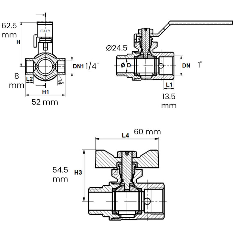 Vanne à sphère NF PN25 Passage Intégral ACS Papillon Vert M/F à purge 1" (26/34) - Sferaco