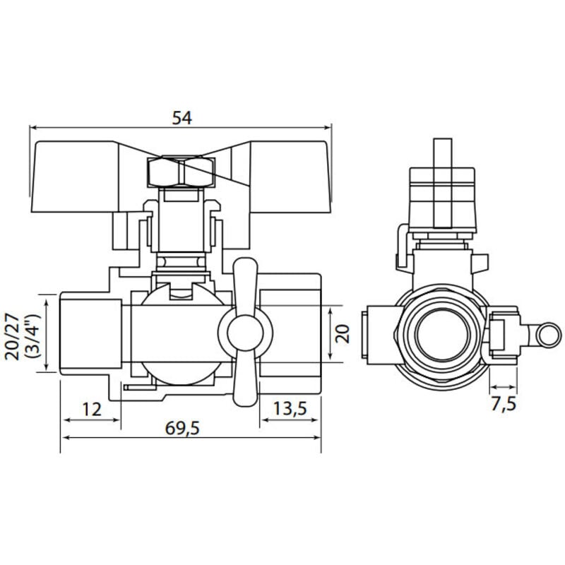 Vanne à sphère nf PN25 Passage Intégral acs Papillon Vert m/f à purge 3/4' (20/27) Somatherm