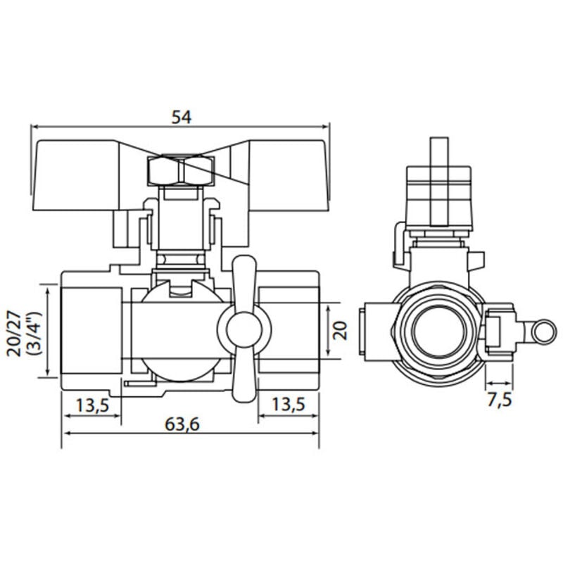 Vanne à sphère nf PN25 Passage Intégral acs Papillon Vert f/f à purge 3/4' (20/27) Somatherm