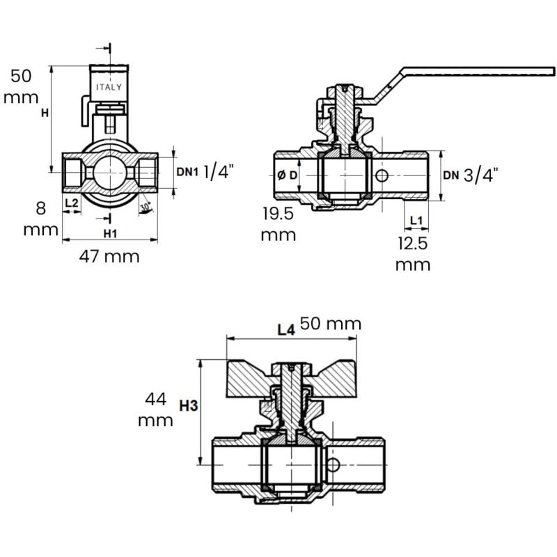Vanne à sphère nf PN25 Passage Intégral acs Papillon Vert m/m à purge 3/4' (20/27) Sferaco