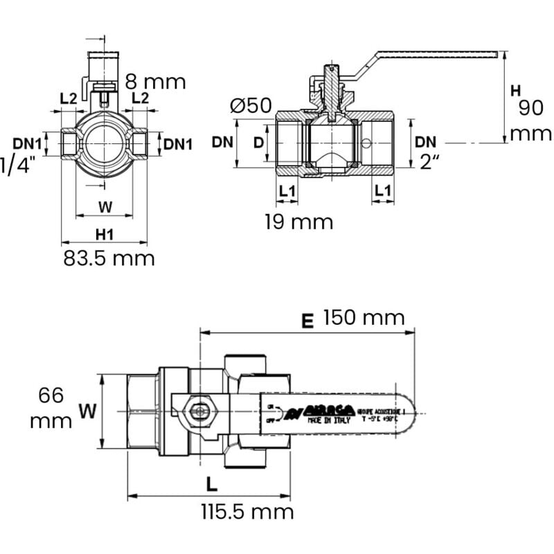 Vanne à sphère Passage intégral PN16 nf acs Poignée Plate Verte ff à purge 2' (50/60) Sferaco