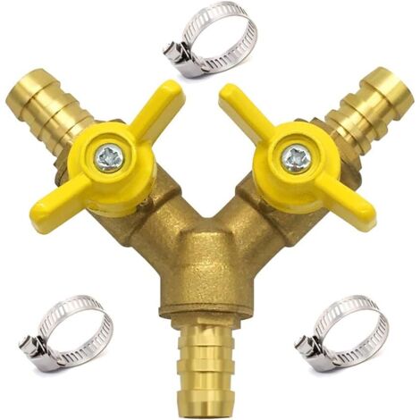 Vanne d'arrêt 3 voies en laiton avec raccord de tuyau 3/8" et joint à rotule, 2 colliers de serrage en acier inoxydable pour eau, carburant et air. - AquaForge