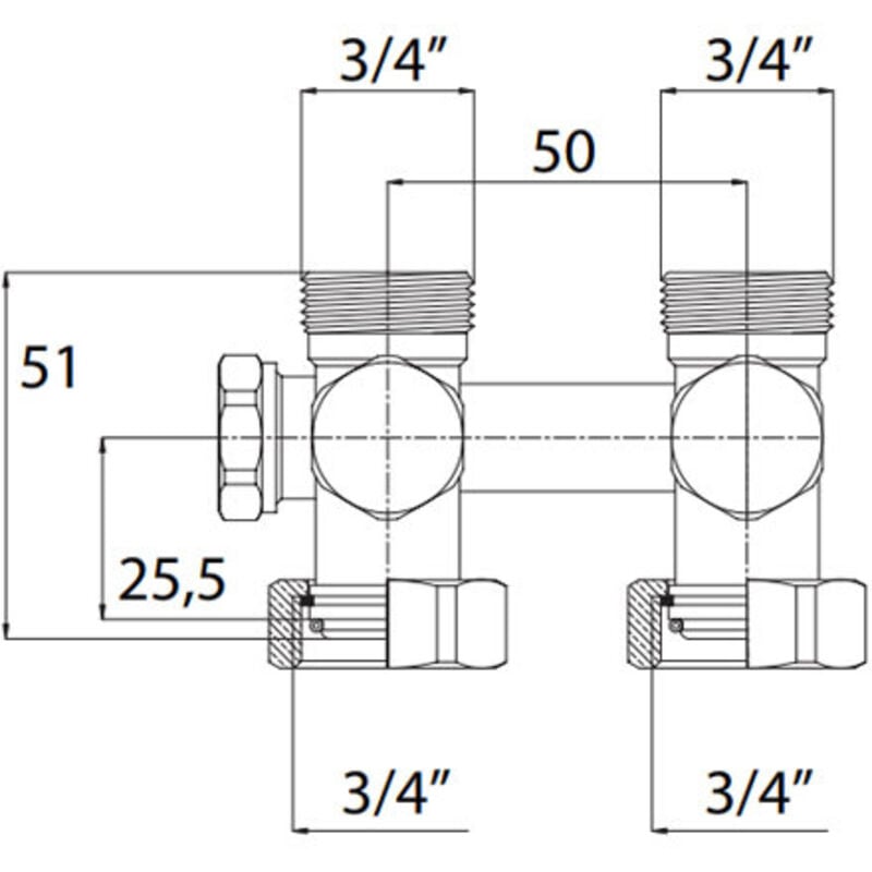 Vanne en h double corps droit monotube pour radiateur à robinetterie intégrée - écrou 3/4' (20/27) - mâle 3/4 ek - Somatherm