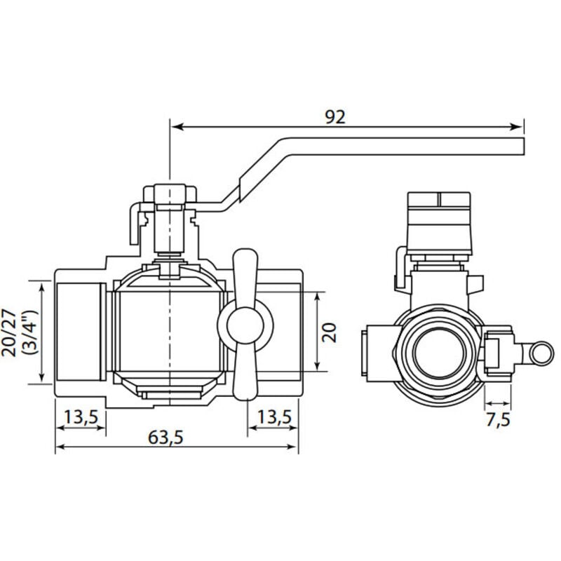 Vanne à sphère nf PN25 Passage Intégral acs Poignée Verte f/f à purge 3/4' (20/27) somatherm