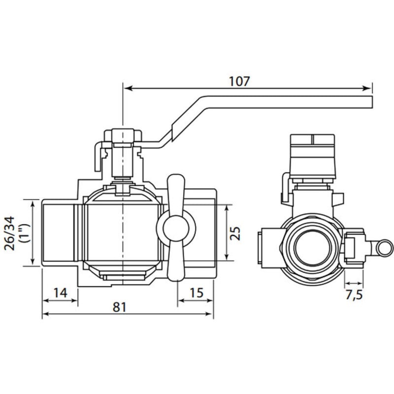 Vanne à sphère nf PN25 Passage Intégral acs Poignée Verte m/f à purge 1' (26/34) somatherm
