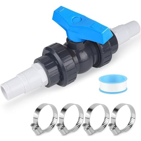 Vanne Piscine avec Raccord Piscine 32-38mm 1 PVC Robinet D'arrêt 1 1/2"(50mm), 2 Raccord Tuyau 32-38mm Accessoires Piscine